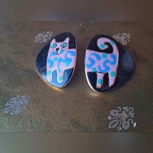 Vintage 90s Enameled Porcelain Glossy Pink & Blue Cat Pierced Earrings